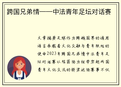 跨国兄弟情——中法青年足坛对话赛